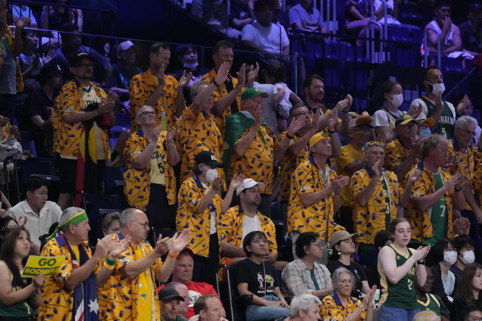 Australia supporters team cheer the team against Georgia in their Basketball World Cup group K match in Okinawa, southern Japan, Sunday, Sept. 3, 2023. (AP Photo/Hiro Komae)