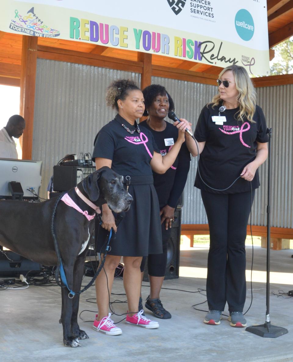 Reduce Your Risk co-founders Angela Prince, Carolyn Byrd and Lisa Ann Wheeler address the crowd gathered for the Louisville relay event.