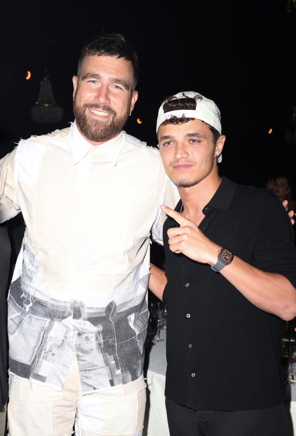 MIAMI BEACH, FLORIDA - MAY 5: Travis Kelce and Lando Norris attend American Express Presents CARBONE BEACH on Sunday, May 5, 2024 in Miami Beach, Florida. (Photo by Alexander Tamargo/Getty Images for American Express Presents CARBONE BEACH)