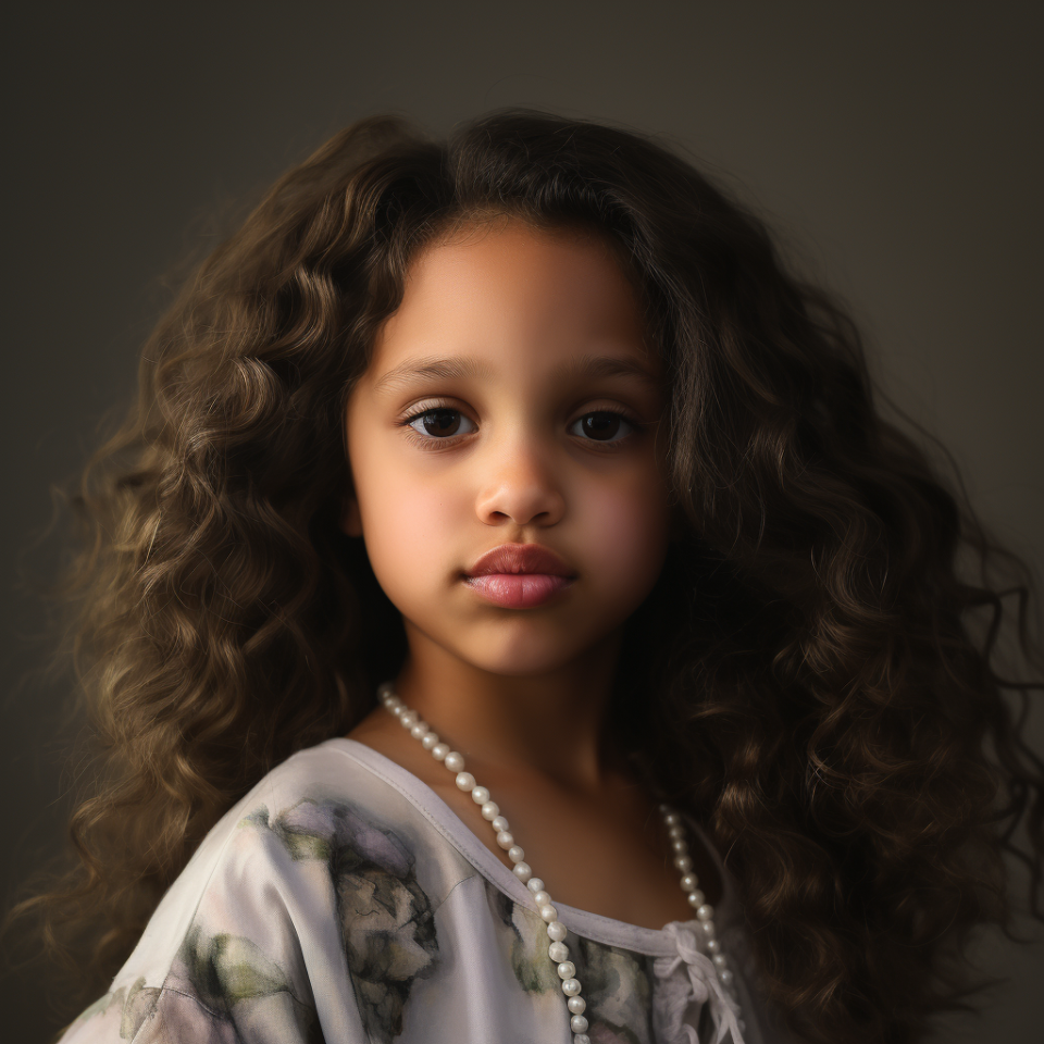 Child with curly hair wearing a floral patterned blouse and a pearl necklace