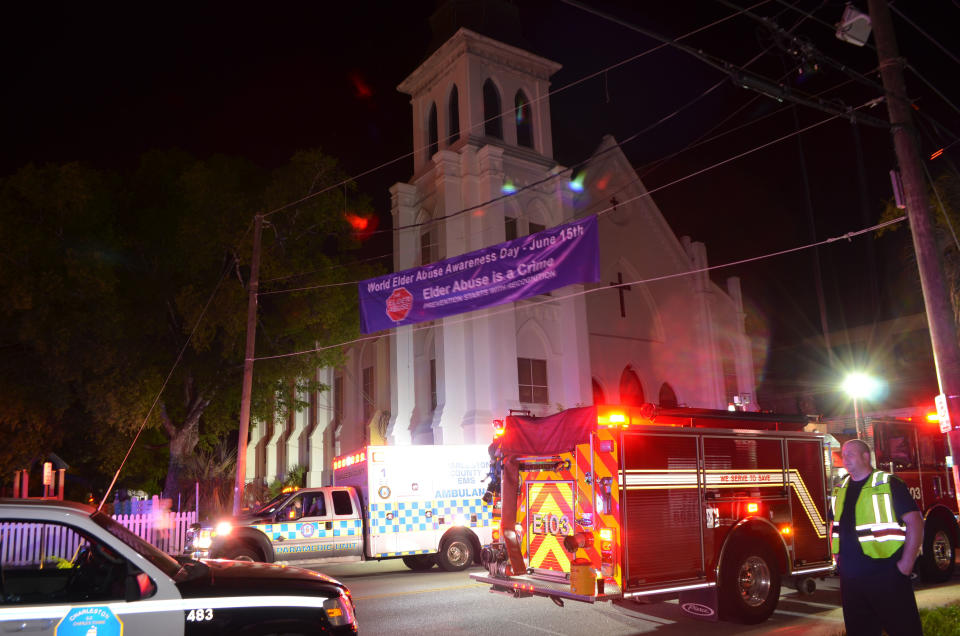 Police, ambulance and fire crews are pictured outside the Emanuel African Methodist Episcopal Church following a shooting incident in Charleston, South Carolina in this June 17, 2014. (Photo: Charleston Police Department/Handout via Reuters)