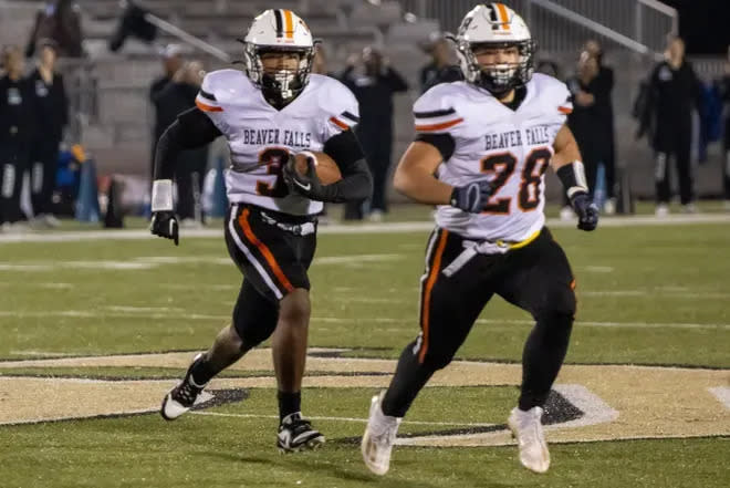 Beaver Falls running backs Da'Talian Beauford (3) and Brixx Rawl (28) and their Tigers teammates will be on TV on Friday when KDKA+ televises four WPIAL championship football games.