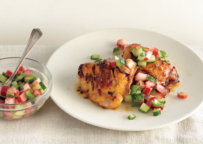 Spicy Chicken Thighs with Rhubarb Cucumber Salsa