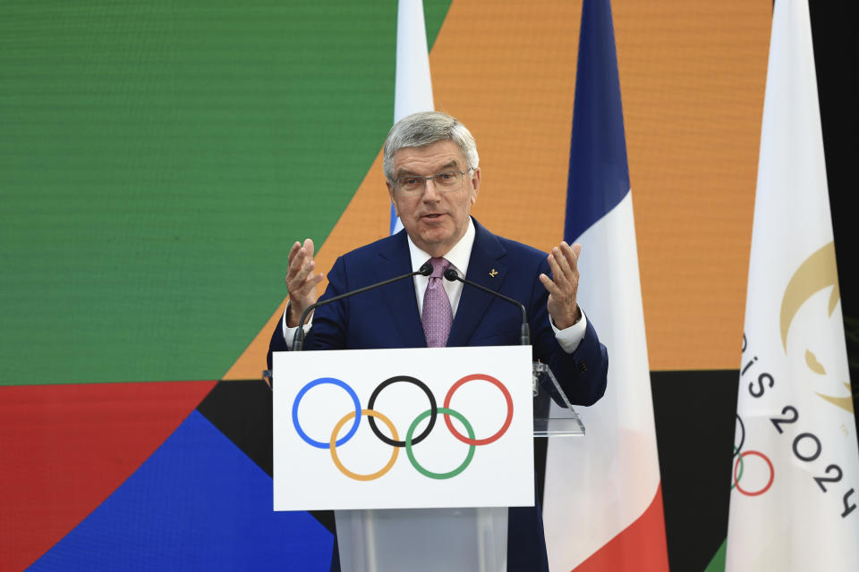 International Olympic Committee (IOC) president Thomas Bach delivers his speech during IOC invitation ceremony, exactly one year for the 2024 Olympics, Wednesday, July 26, 2023 in Saint-Denis, outside Paris. (AP Photo/Aurelien Morissard)