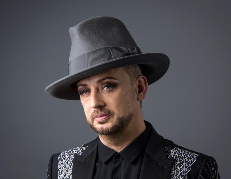 FILE - In this May 25, 2016 photo, Boy George poses for a portrait in New York. The singer turns 61 on June 14. (Photo by Drew Gurian/Invision/AP, File)