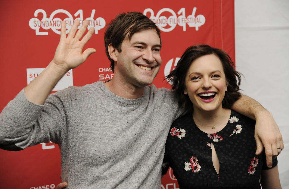 Mark Duplass, left, and Elisabeth Moss, cast members in "The One I Love," pose together at the premiere of the film at the 2014 Sundance Film Festival, Tuesday, Jan. 21, 2014, in Park City, Utah. Duplass also served as executive producer of the film. (Photo by Chris Pizzello/Invision/AP)