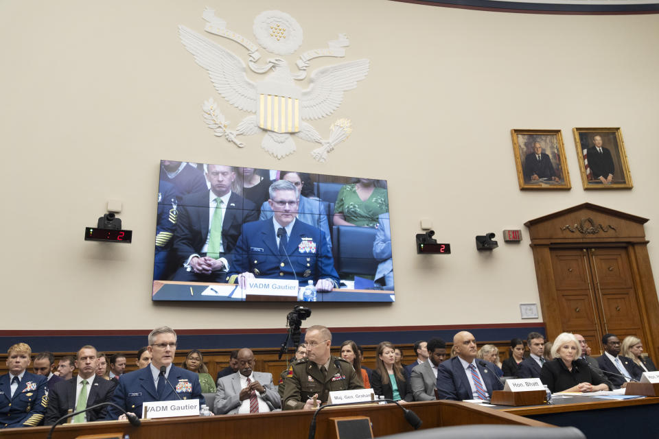 From left, U.S. Coast Guard Vice Admiral Peter Gautier, Deputy Commandant for Operations, U.S. Army Major General William Graham, Deputy Commanding General, Civil and Emergency Operations, Federal Highway Administration Administrator Shailen Bhatt, with the Department of Transportation, and Jennifer Homendy, Chair of the National Transportation Safety Board testify during a House Committee on Transportation and Infrastructure hearing on the federal response to the Francis Scott Key Bridge collapse, Wednesday, May 15, 2024, on Capitol Hill in Washington. (AP Photo/Jacquelyn Martin)