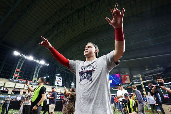 HOUSTON, TEXAS - NOVEMBER 02:  Joc Pederson #22 of the Atlanta Braves celebrates after the 7-0 victory against the Houston Astros in Game Six to win the 2021 World Series at Minute Maid Park on November 02, 2021 in Houston, Texas. (Photo by Carmen Mandato/Getty Images)