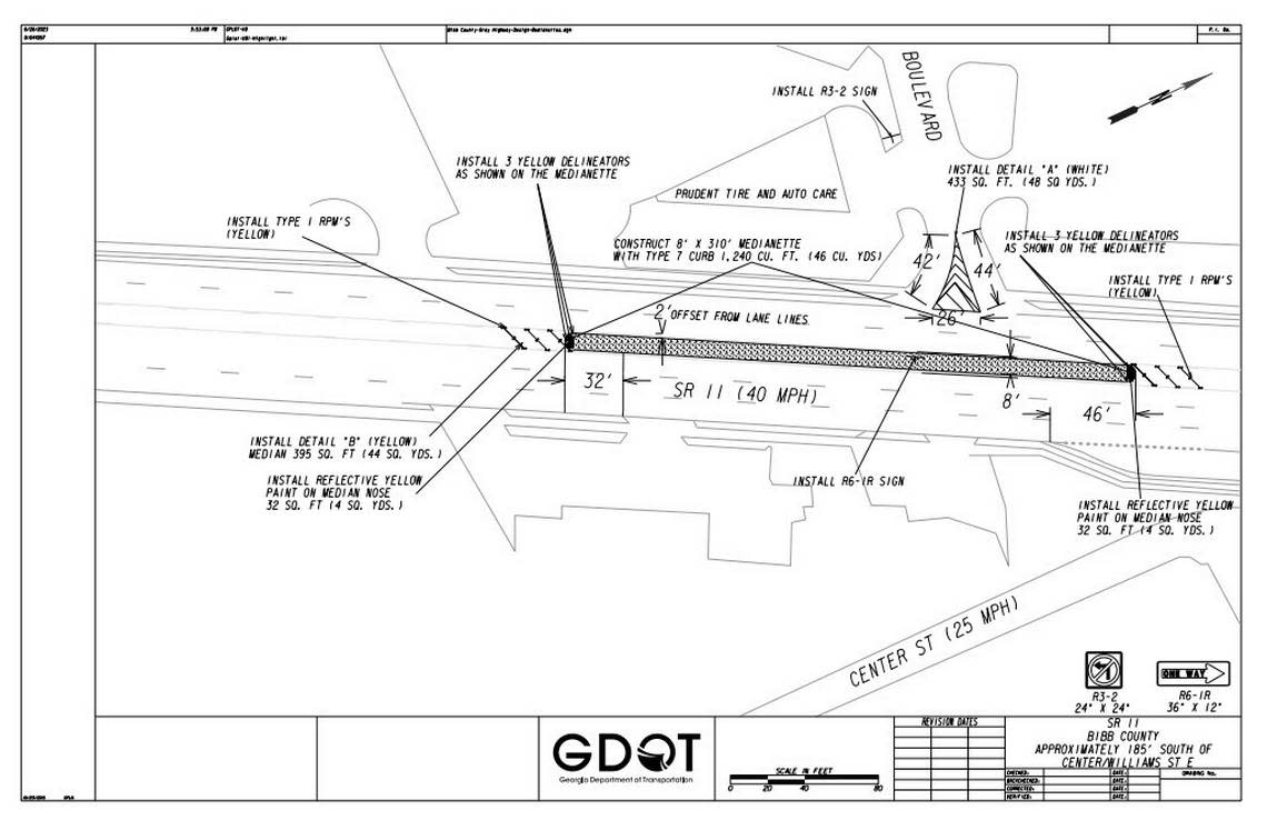 One of several options possible for placement of a median at Gray Highway is shown in a drawing.