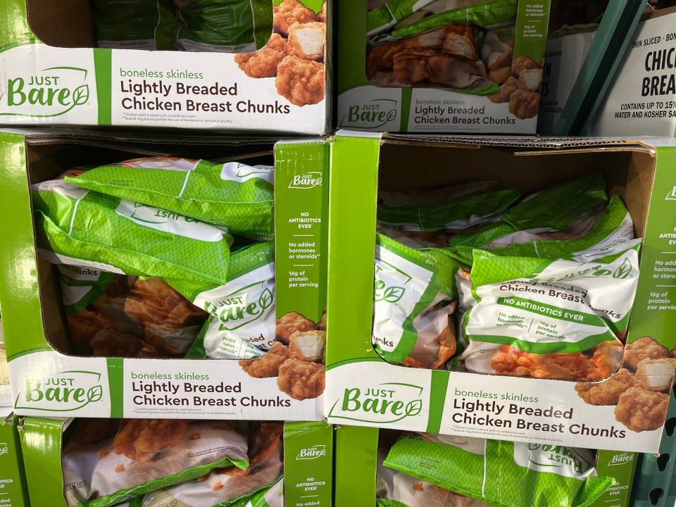 Just Bare lightly breaded chicken breast chunks in large bags in the Costco freezer section