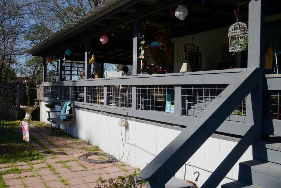 The exterior of Rita Kromer's mobile home she placed on her property after losing her traditional brick house in a fire in Huntington, Texas.