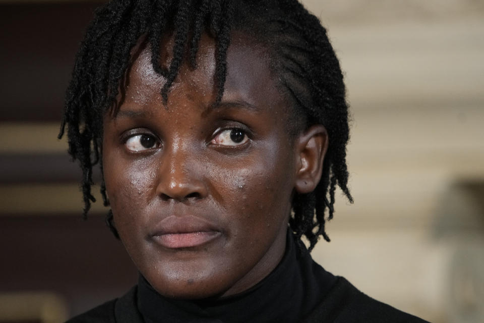 Climate activist Vanessa Nakate of Uganda attends a press conference in Paris, Thursday, June 22, 2023. World leaders, heads of international organisations and activists are gathering in Paris for a two-day summit aimed at seeking better responses to tackle poverty and climate change issues by reshaping the global financial system. (AP Photo/Lewis Joly)