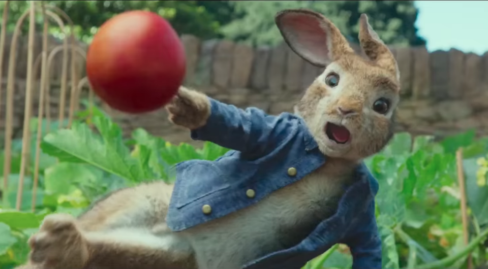 The scene causing outrage sees Peter Rabbit throw berries at the farmer. Photo: Youtube