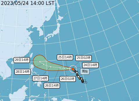 今年第二號颱風「瑪娃」已減弱為中度颱風，不過根據中央氣象局預測，瑪娃將於6到12小時間重回強颱之姿，並預計週末提早北轉。   圖：取自中央氣象局網站
