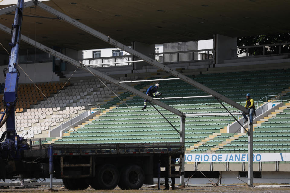 A field hospital is set up in Rio de Janeiro amid a coronavirus outbreak, next to the Maracana stadium, on March 31, 2020. | Pilar Olivares—Reuters