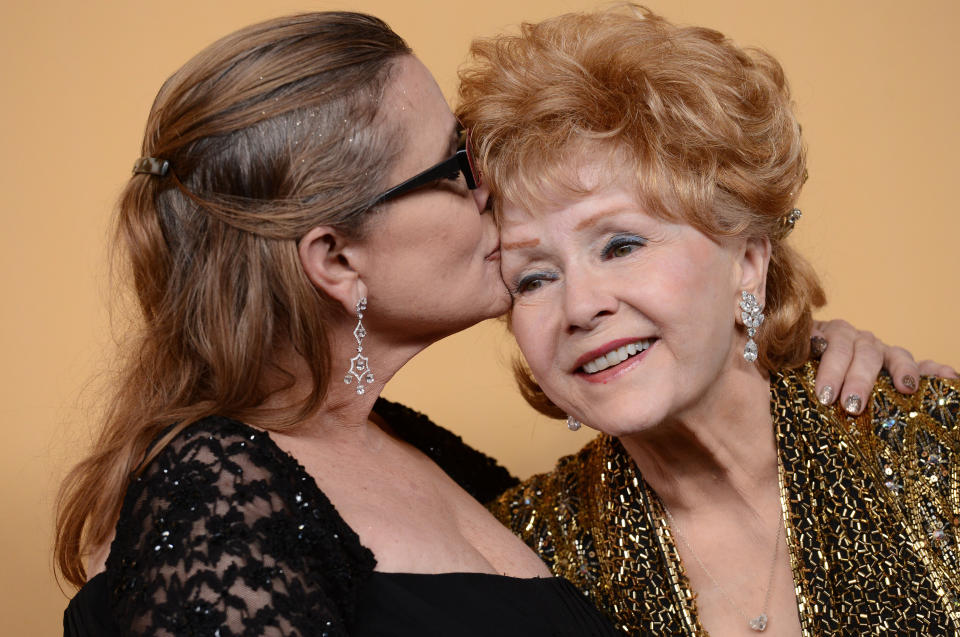 Debbie Reynolds and Carrie Fisher at the 2015 Screen Actors Guild Awards at the Shrine Auditorium in Los Angeles.