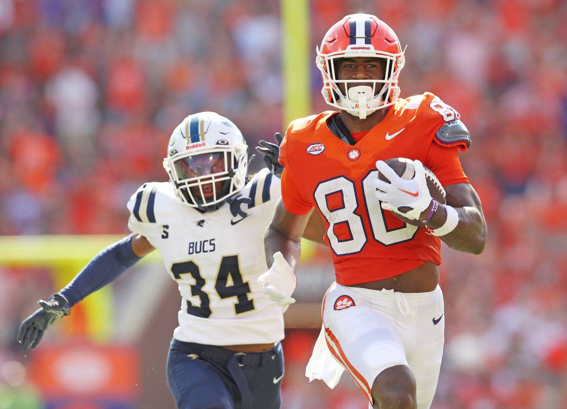 Clemson wide receiver Beaux Collins (80) blows by Charleston Southern’s Chandler Evan Perry during third-quarter action in Clemson, S.C. on Saturday, Sept. 9, 2023