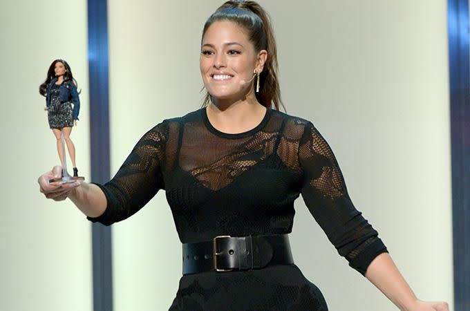 Ashley Graham proudly shows off her Barbie. Photo: Getty Images