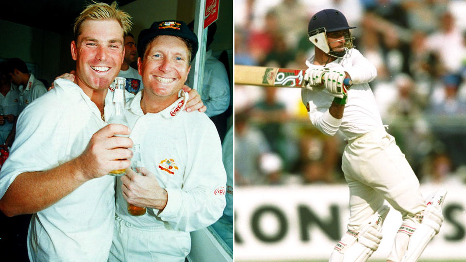 Ian Healy and Shane Warne celebrate Australia's Ashes victory over Graham Thorpe's England.