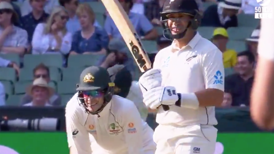 Australian captain Tim Paine couldn't resist a cheeky dig at New Zealand batsman Ross Taylor, after he survived an LBW shout thanks to DRS. Picture: Fox Sports