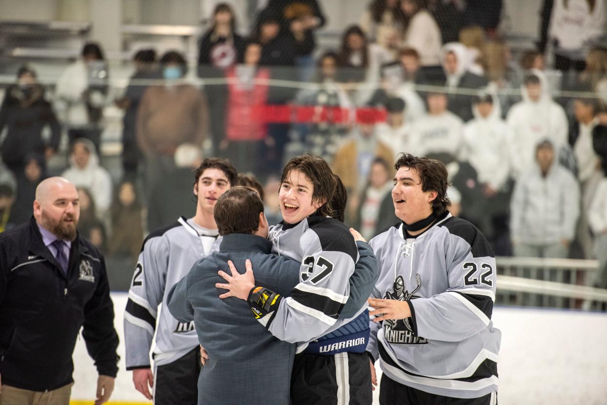 Passaic County ice hockey championship game at the Ice Vault Arena on Thursday, January 20, 2022. Wayne celebrates defeating PCTI.