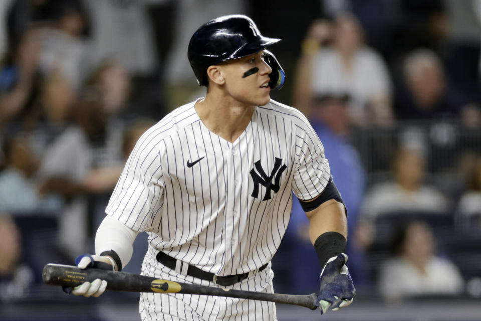 NEW YORK, NY - JULY 28: Aaron Judge #99 of the New York Yankees hits a walk-off home run against the Kansas City Royals during the ninth inning at Yankee Stadium on July 28, 2022 in New York City. The Yankees won 1-0. (Photo by Adam Hunger/Getty Images)