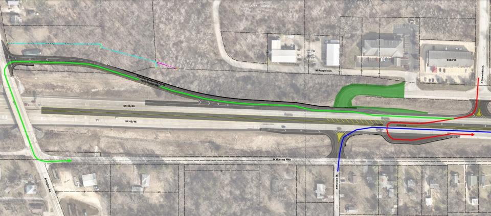 Construction will begin as early as Tuesday on a project that will change how drivers enter east- and westbound Ind. 45/46 Bypass from Stonelake Drive. Southbound drivers on Stonelake will have to turn right, merge south and then U-Turn to head east. This option is illustrated on the rendering in red. Drivers also can turn right and use a yet-to-be-built ramp on the northside of the Bypass and use Arlington Road, Gurley Pike and Monroe Street to enter the Bypass to head east. That option is shown in green.