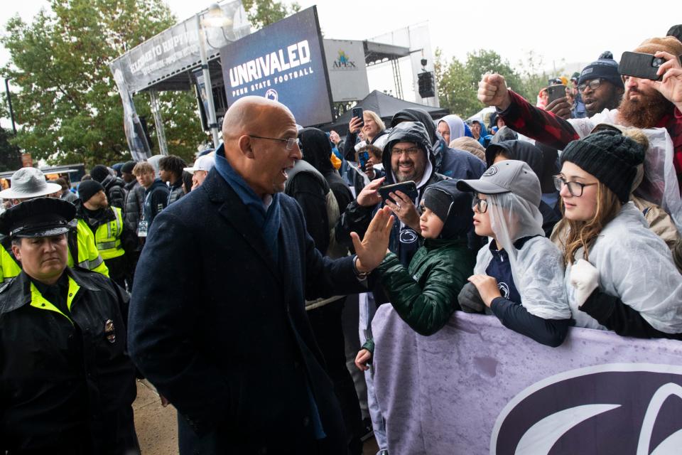 Penn State head football coach James Franklin greets fans ouside of Beaver Stadium before a NCAA football game against Massachusetts Saturday, Oct. 14, 2023, in State College, Pa.