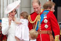 <p>The Duchess makes a silly face at Prince George during the Trooping The Colour 2016 festivities at Buckingham Palace.</p>