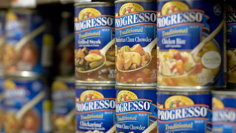 Grocery store shelves stocked with Progresso canned soup