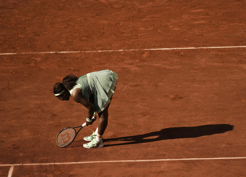 United States Serena Williams reacts after missing a shot as she plays against Kazakhstan's Elena Rybakina during their fourth round match on day 8, of the French Open tennis tournament at Roland Garros in Paris, France, Sunday, June 6, 2021. (AP Photo/Thibault Camus)