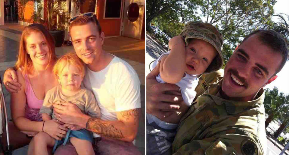 Blake Hann is pictured on the left with his wife and one of his children. On the right, he poses with one of his sons.