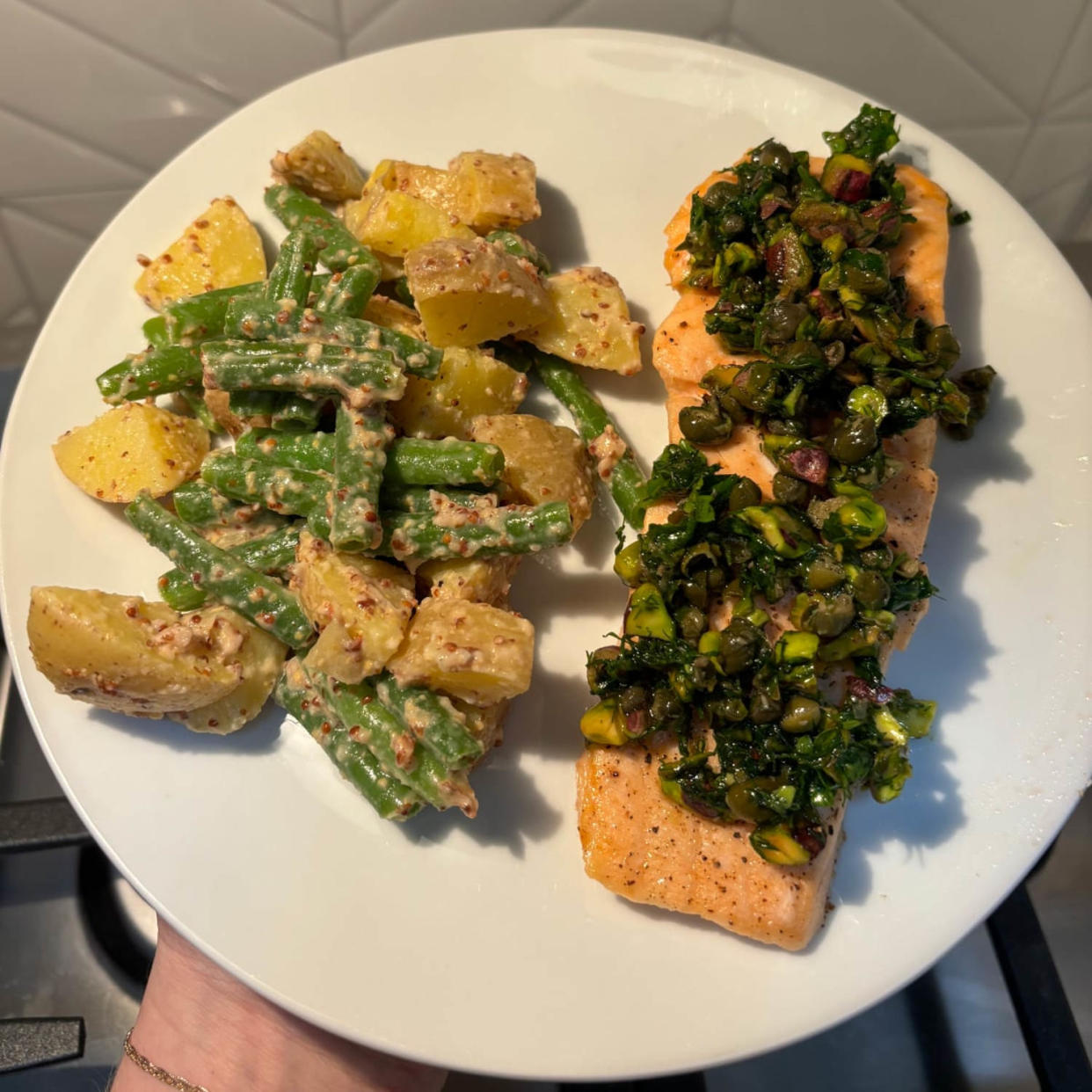 One of Sunbasket's recent options included salmon with pistachio-herb dressing and a warm potato salad.
 (Courtesy Zoe Malin)