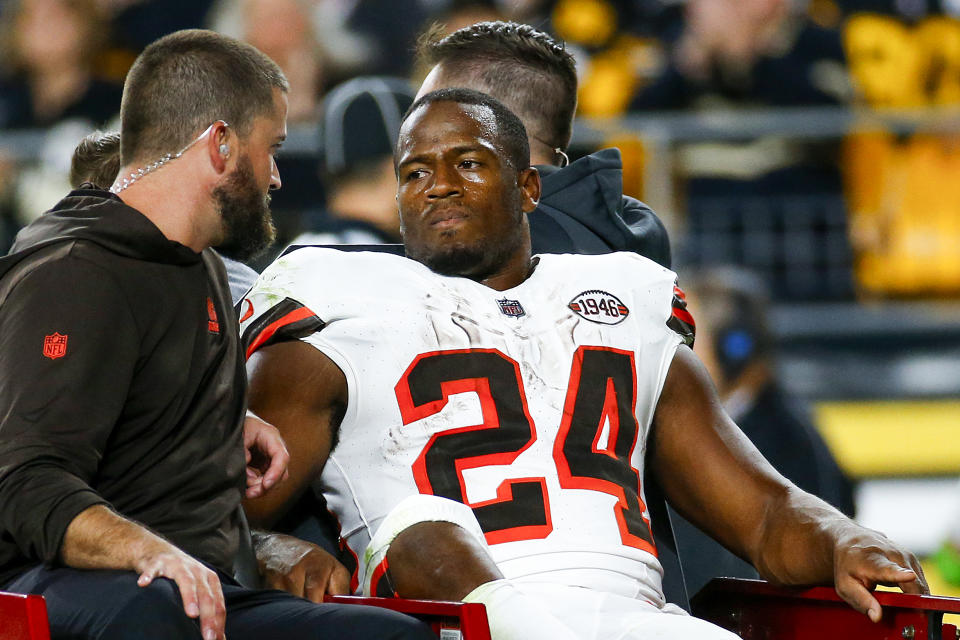 Nick Chubb was carted off during the Browns' loss to the Steelers. (Justin K. Aller/Getty Images)