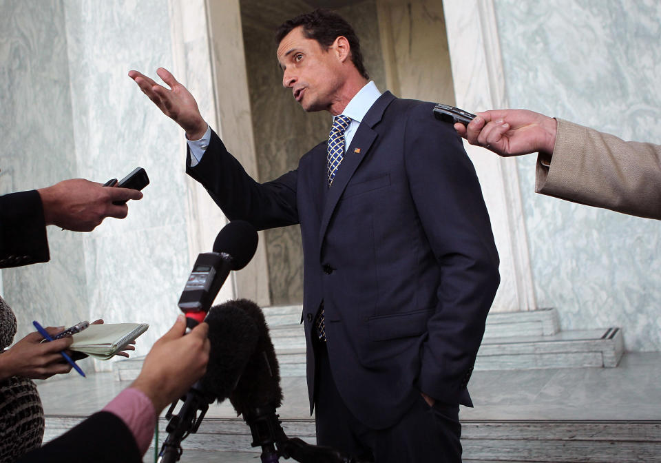 U.S. Rep. Anthony Weiner (D-NY) (R) speaks to the media regarding a lewd photo tweet May 31, 2011 on Capitol Hill in Washington, DC.