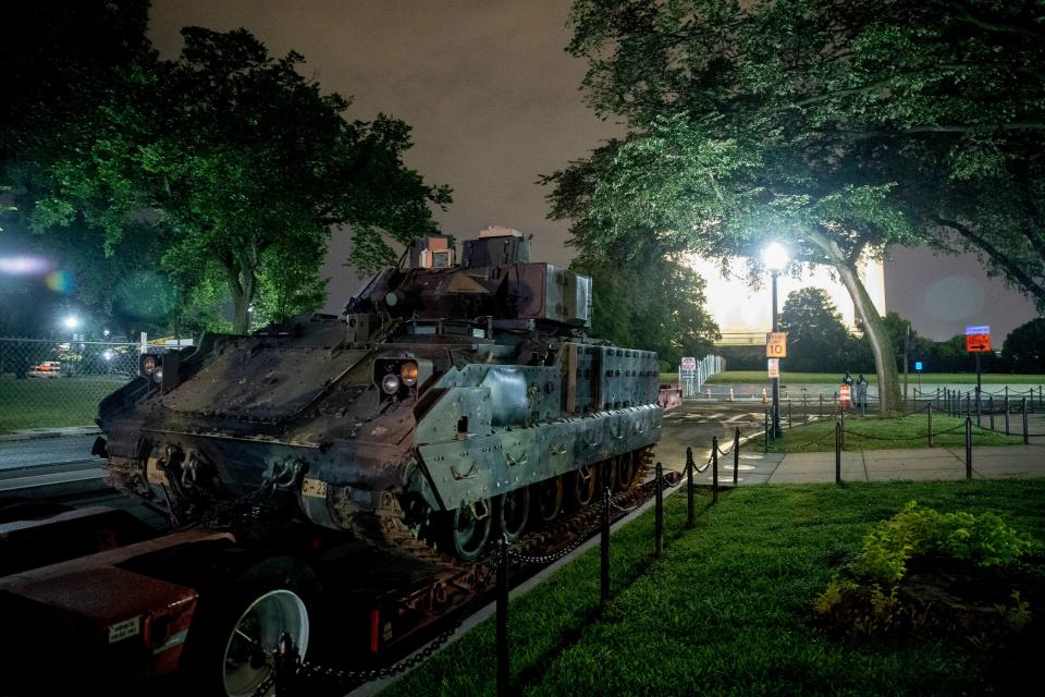 One of two Bradley Fighting Vehicles is parked next to the Lincoln Memorial before President Donald Trump's "Salute to America," event honoring service branches on Independence Day.