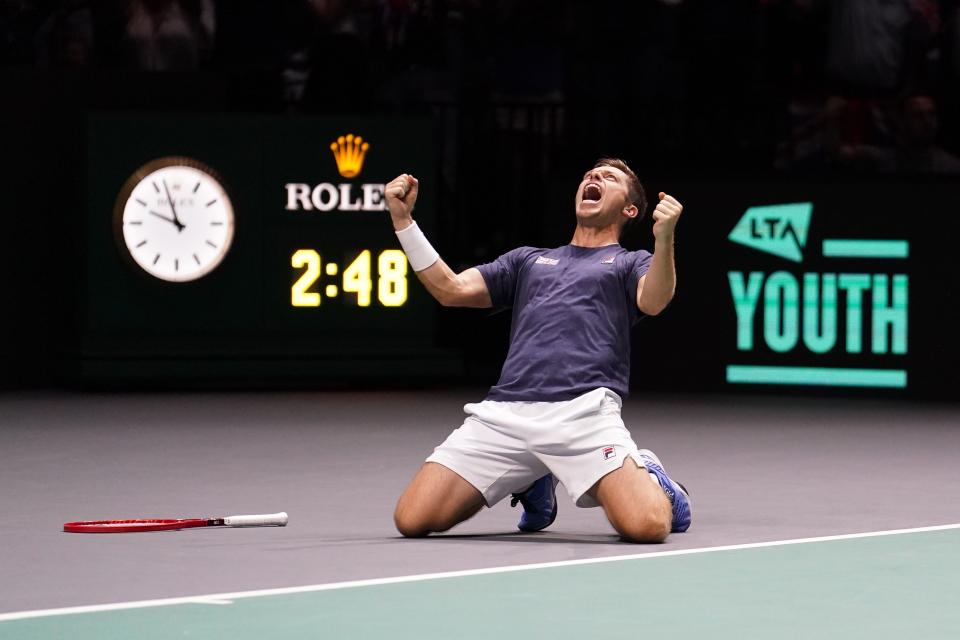 Neal Skupski celebrates victory against France (Martin Rickett/PA) (PA Wire)