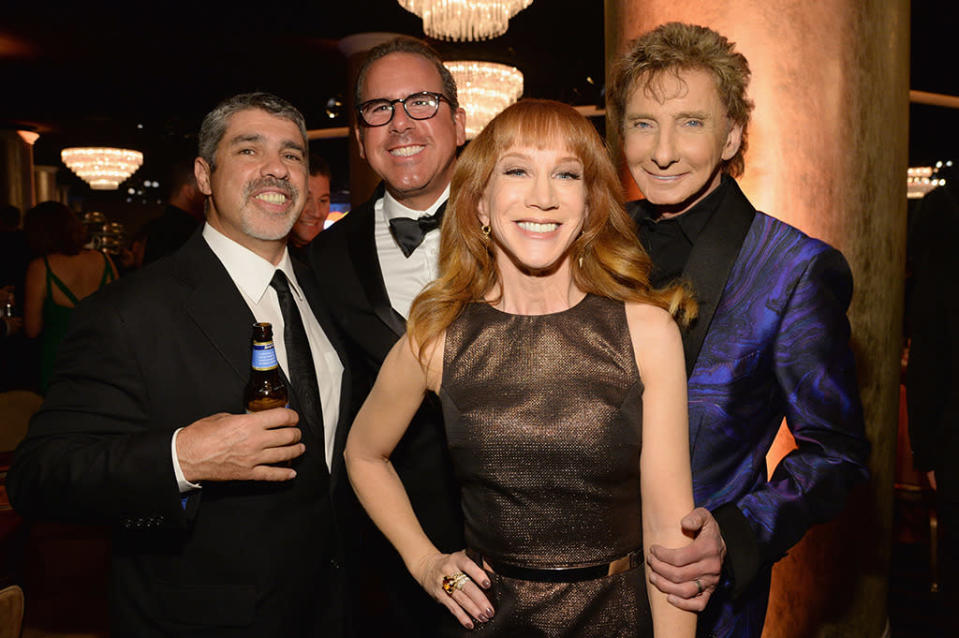 BEVERLY HILLS, CA - FEBRUARY 14: (L-R)  radio producer Gary Dell'Abate, Sirius XM Senior VP Ross Zapin, actress Kathy Griffin, and recording artist Barry Manilow attend the 2016 Pre-GRAMMY Gala and Salute to Industry Icons honoring Irving Azoff at The Beverly Hilton Hotel on February 14, 2016 in Beverly Hills, California.  (Photo by Kevin Mazur/WireImage)