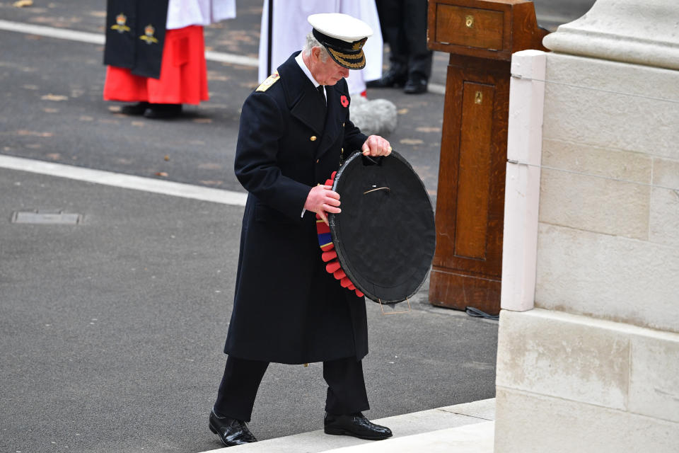 Prince Charles lays a wreath at The Cenotaph during the Remembrance Sunday ceremony in Whitehall on November 14, 2021 in London. 