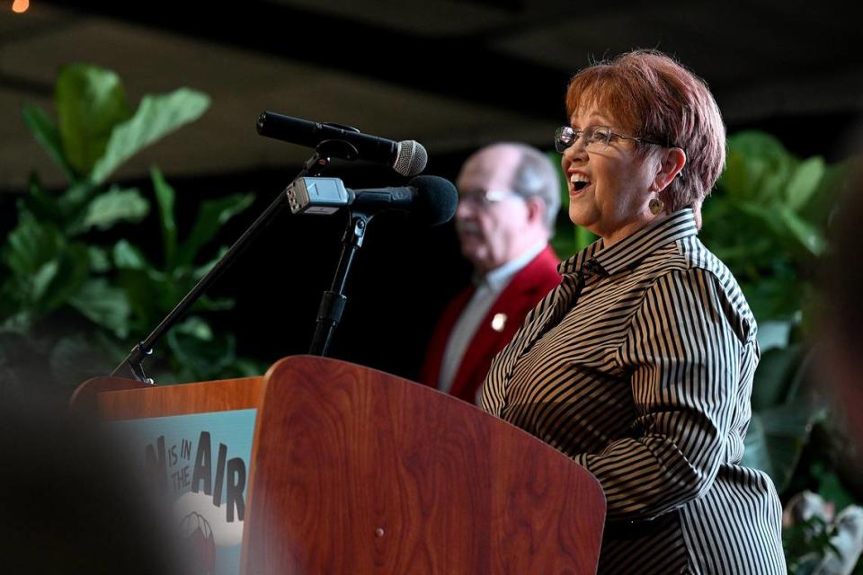 Marianne Barnebey sings the National Anthem for the Manatee River Fair Association’s Distinguished Citizen award luncheon on Thursday, Jan. 4, 2024, in Veterans Hall at the Manatee County Fairgrounds.