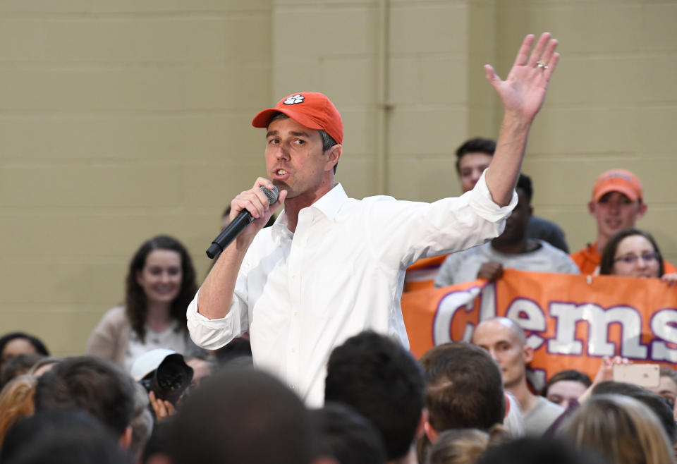 Former Texas Congressman Beto O'Rourke speaks to students at Clemson University in Clemson, S.C., Sunday, April 14, 2019. O'Rourke is wrapping up a three-day tour of South Carolina, which holds the first presidential primary voting in the South. (AP Photo/Meg Kinnard)