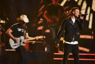 <p>Brad Paisley and Kane Brown perform onstage at the 51st annual CMA Awards at the Bridgestone Arena on November 8, 2017 in Nashville, Tennessee. (Photo by John Shearer/WireImage) </p>