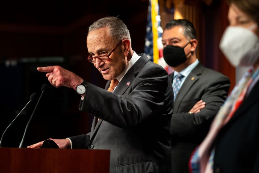 WASHINGTON, DC - JANUARY 04: Senate Majority Leader Chuck Schumer (D-NY) speaks during a news conference on Capitol Hill on Tuesday, Jan. 4, 2022 in Washington, DC. (Kent Nishimura / Los Angeles Times)