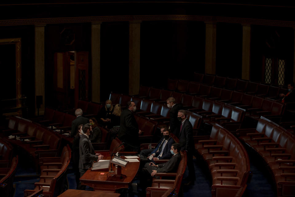 House Republicans huddle during the vote to impeach Trump on Jan. 13.<span class="copyright">Gabriella Demczuk for TIME</span>