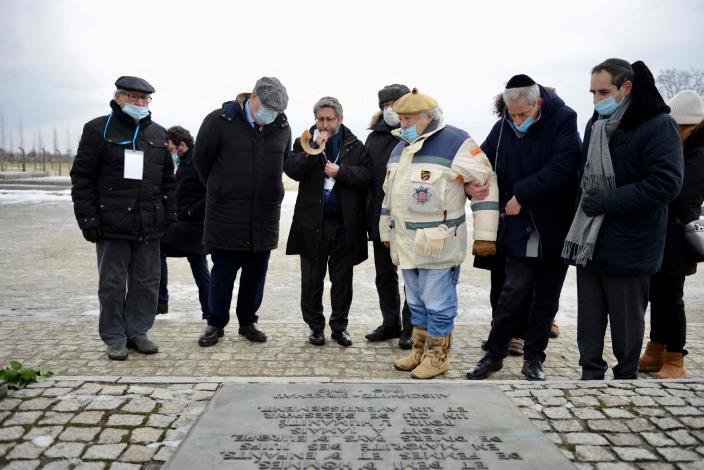 Chief Rabbi of France Haim Korsia blows into a horn to pay tribute at the International Monument to the Victims of Fascism at the Memorial and Museum Auschwitz-Birkenau of the former German Nazi concentration and extermination camp in Oswiecim, Poland on Jan. 27, 2022, on International Holocaust Remembrance Day marking the 77th anniversary of the liberation of Auschwitz.