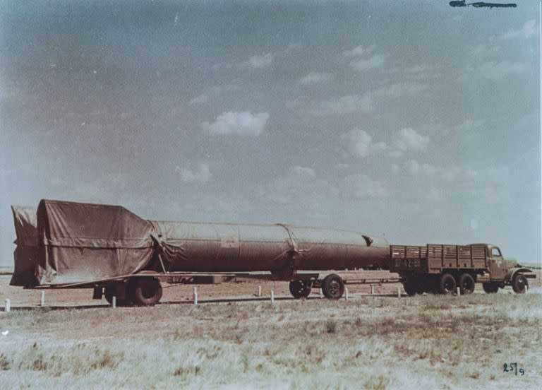 R-2 missile transported toward its launch pad