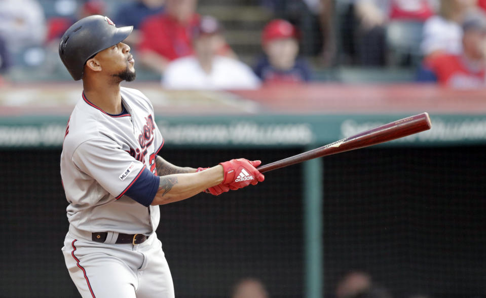 Minnesota Twins' Byron Buxton watches his three-run home run off Cleveland Indians relief pitcher Tyler Olson during the second inning of a baseball game Wednesday, June 5, 2019, in Cleveland. Marwin Gonzalez and Jason Castro scored on the play. (AP Photo/Tony Dejak)