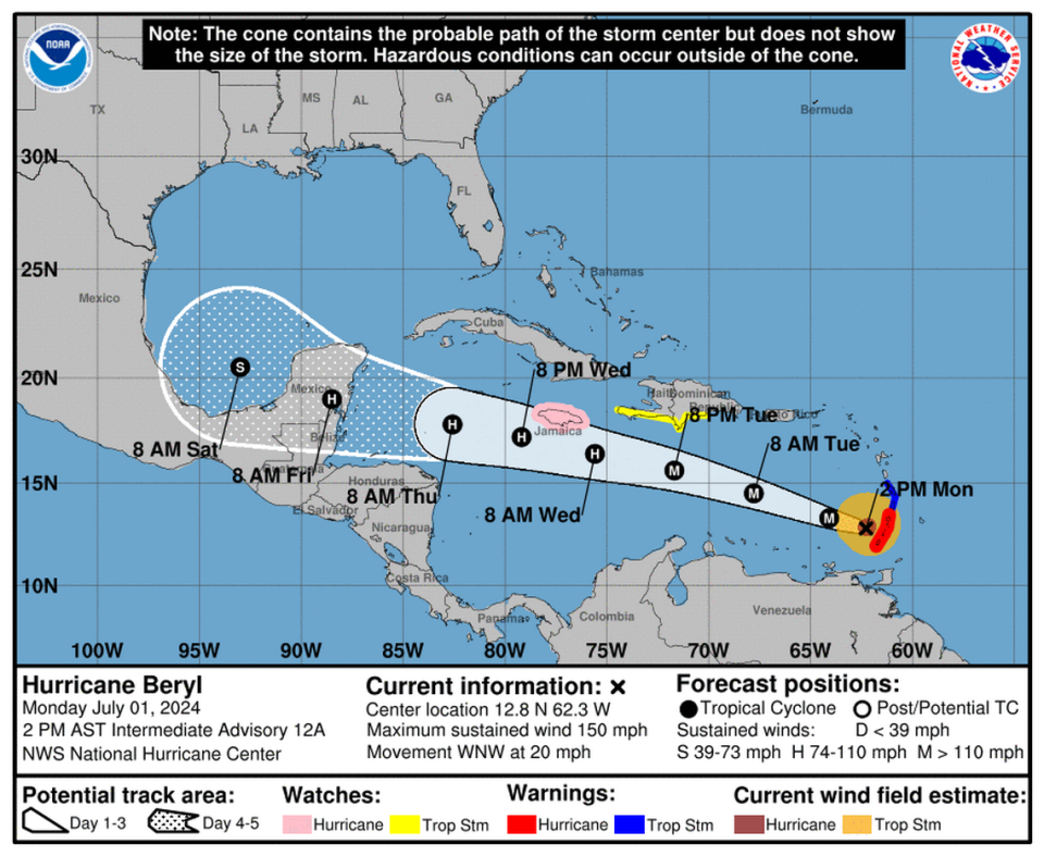 The National Weather Service path of Hurricane Beryl.