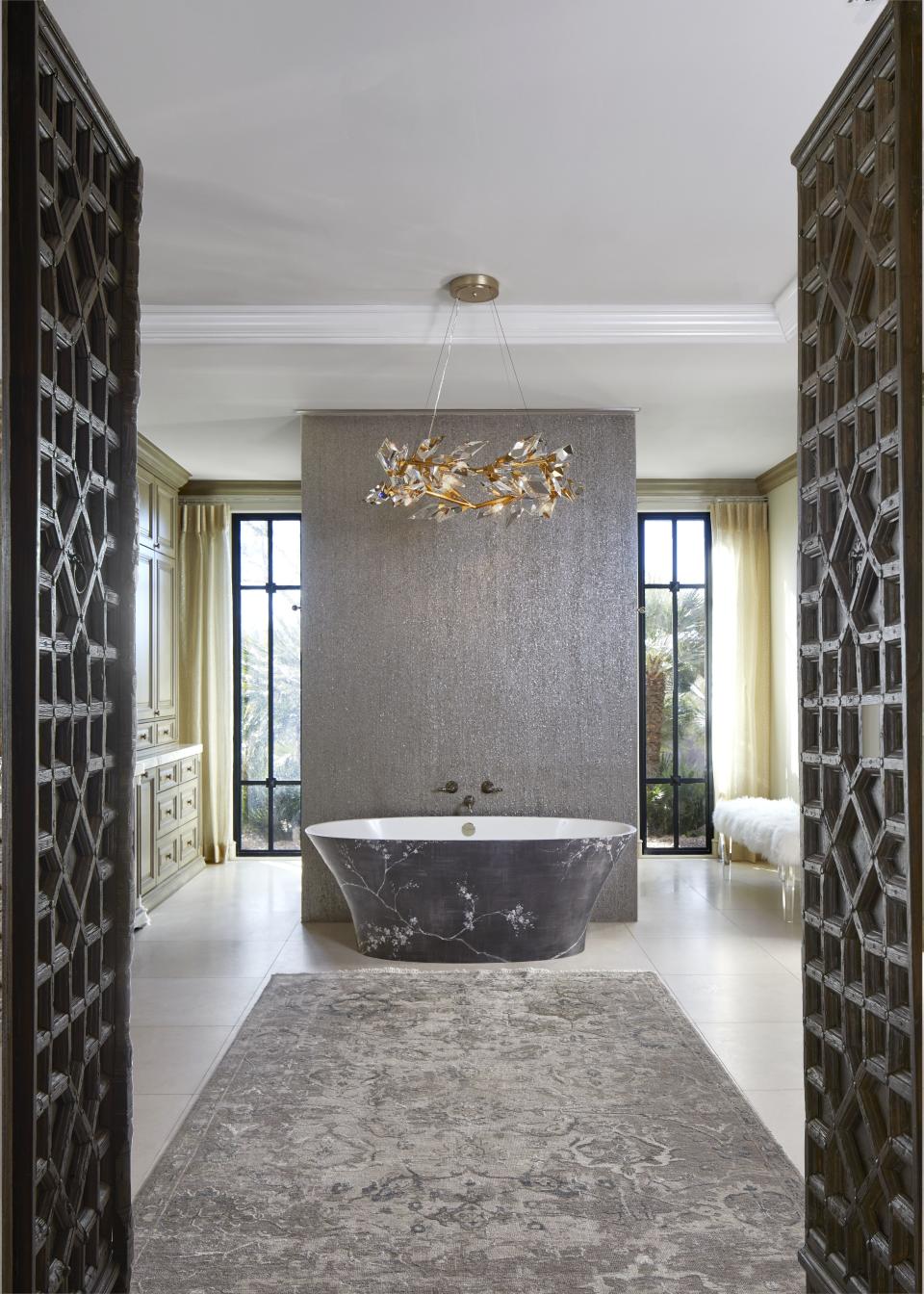 A bathroom with embellished elements