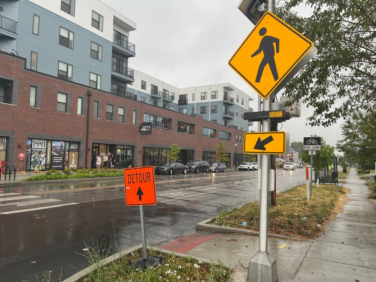 New sidewalk concrete, ADA-compliant curbs and Rectangular Rapid-Flashing Beacons have been installed at the intersection of Prospect and Spruce Streets on Indianapolis' southeast side as part of a $4.5 million Safe Routes to Transit program.